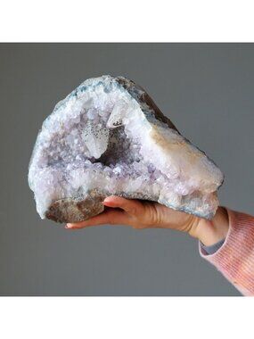 Amethyst Geode White Dogtooth Calcite Purple Crystal Sculpture Cluster 8 Inch